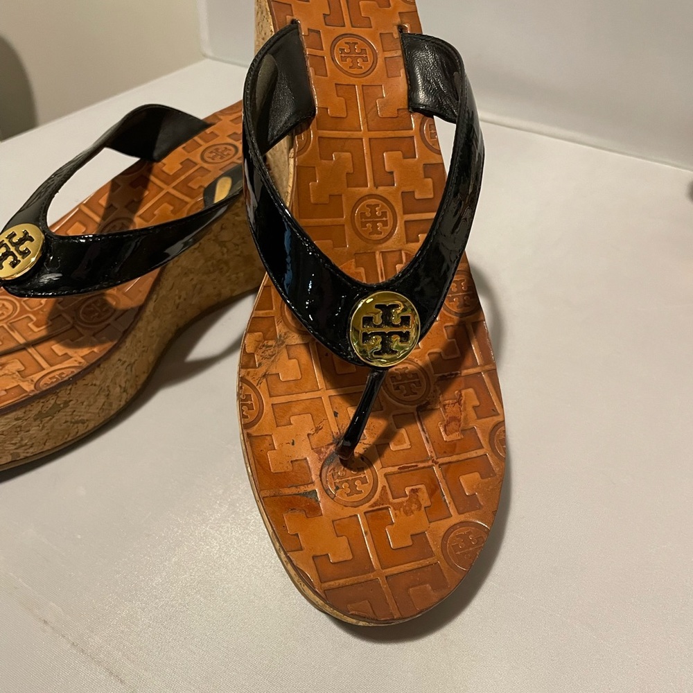 Tory Burch Black Leather Cork Platform Wedge Logo Sandals Size 9.5